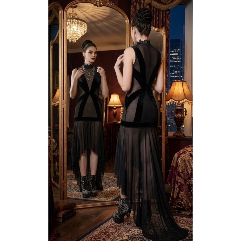 Goth High Low Midi Dress Womens Sz XS Dark Romantic Black Sheer Club Witchy